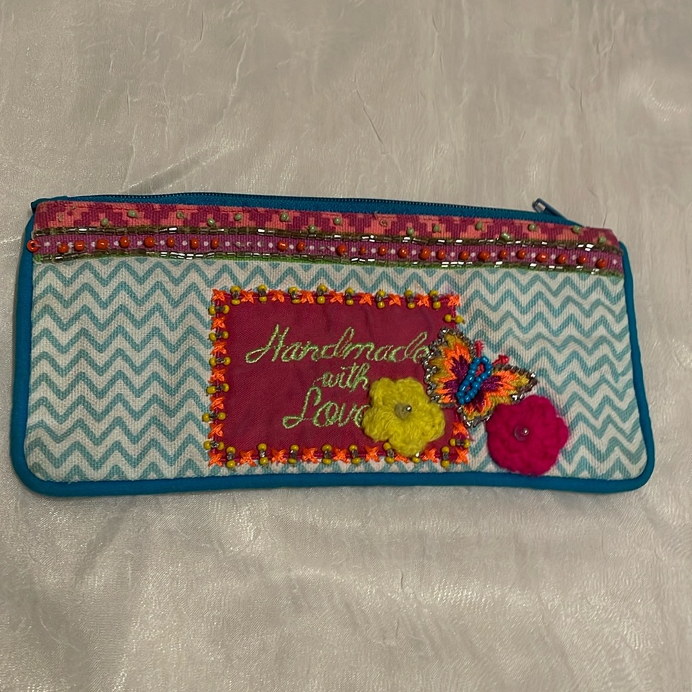 Cupcakes & Cartwheels fabric wallet-says handmade with love, butterfly, flowers